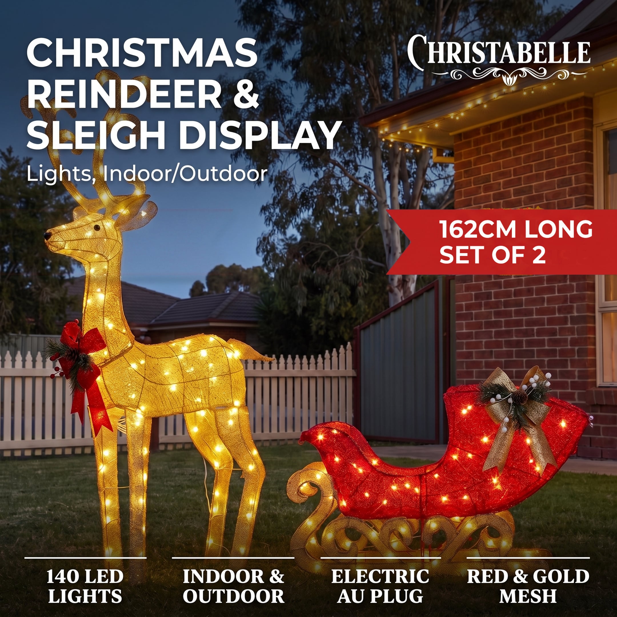 Christabelle 1.62m Reindeer Sleigh Christmas Light Up Display Warm White LED Outdoor Indoor Xmas Yard Lawn Statue