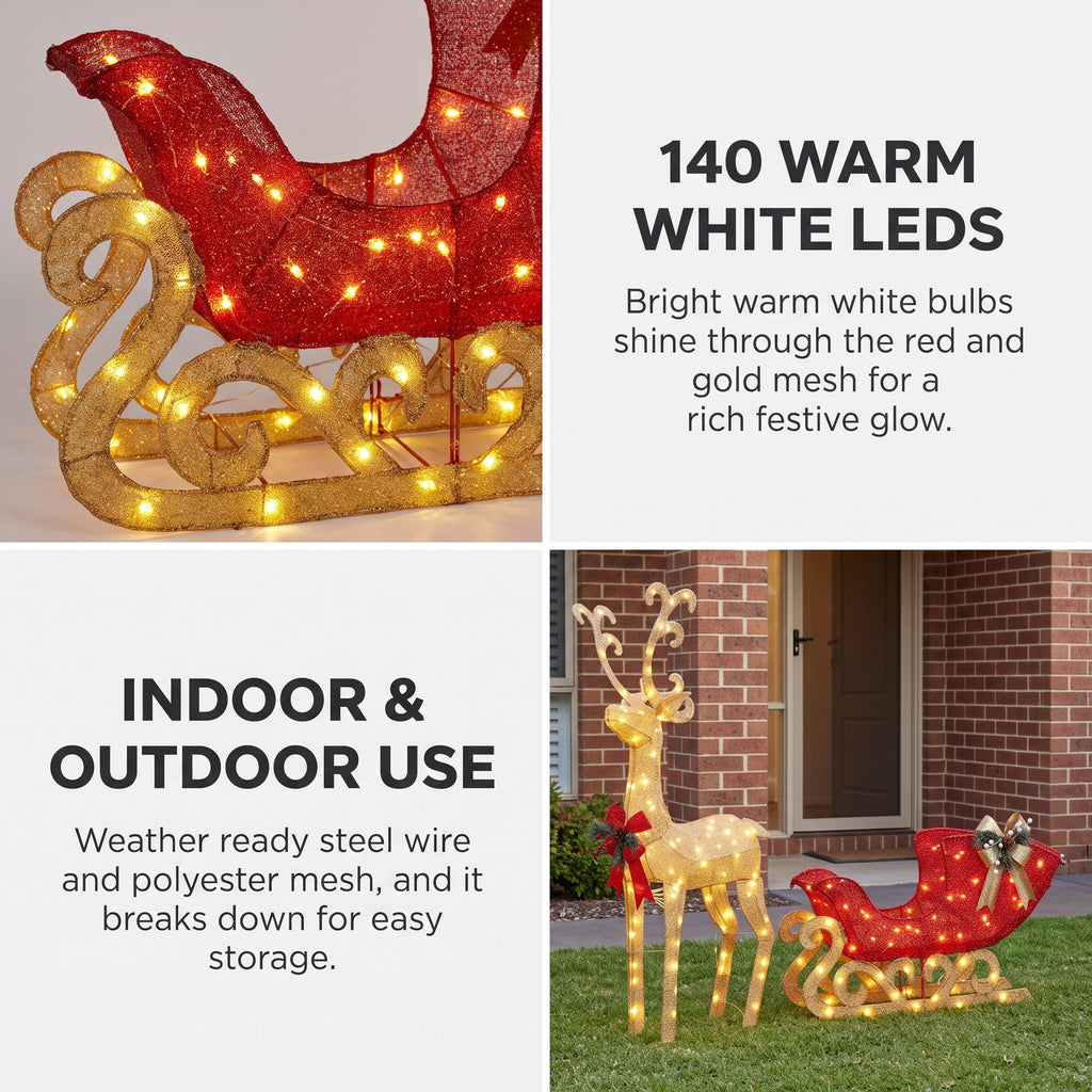 Christabelle 1.62m Reindeer Sleigh Christmas Light Up Display Warm White LED Outdoor Indoor Xmas Yard Lawn Statue