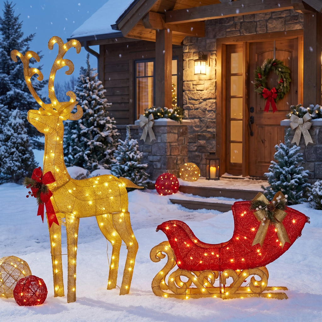 Christabelle 1.62m Reindeer Sleigh Christmas Light Up Display Warm White LED Outdoor Indoor Xmas Yard Lawn Statue