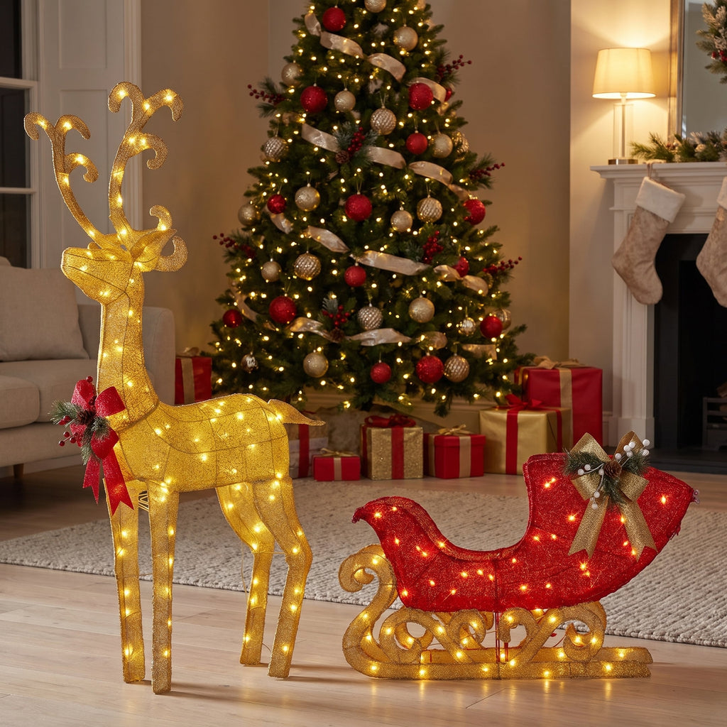 Christabelle 1.62m Reindeer Sleigh Christmas Light Up Display Warm White LED Outdoor Indoor Xmas Yard Lawn Statue