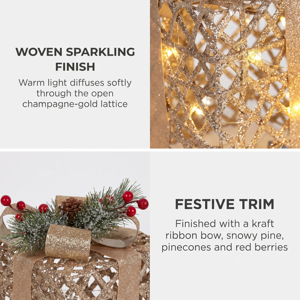 Christabelle 2 Pale Champagne Christmas Gift Boxes Light Up Display 35cm 28cm Indoor Xmas Festive Decoration