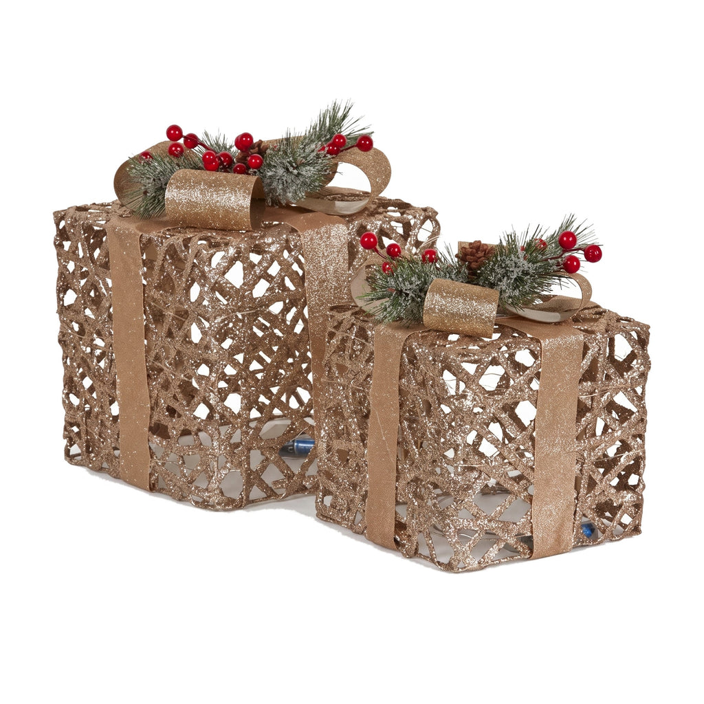 Christabelle 2 Pale Champagne Christmas Gift Boxes Light Up Display 35cm 28cm Indoor Xmas Festive Decoration