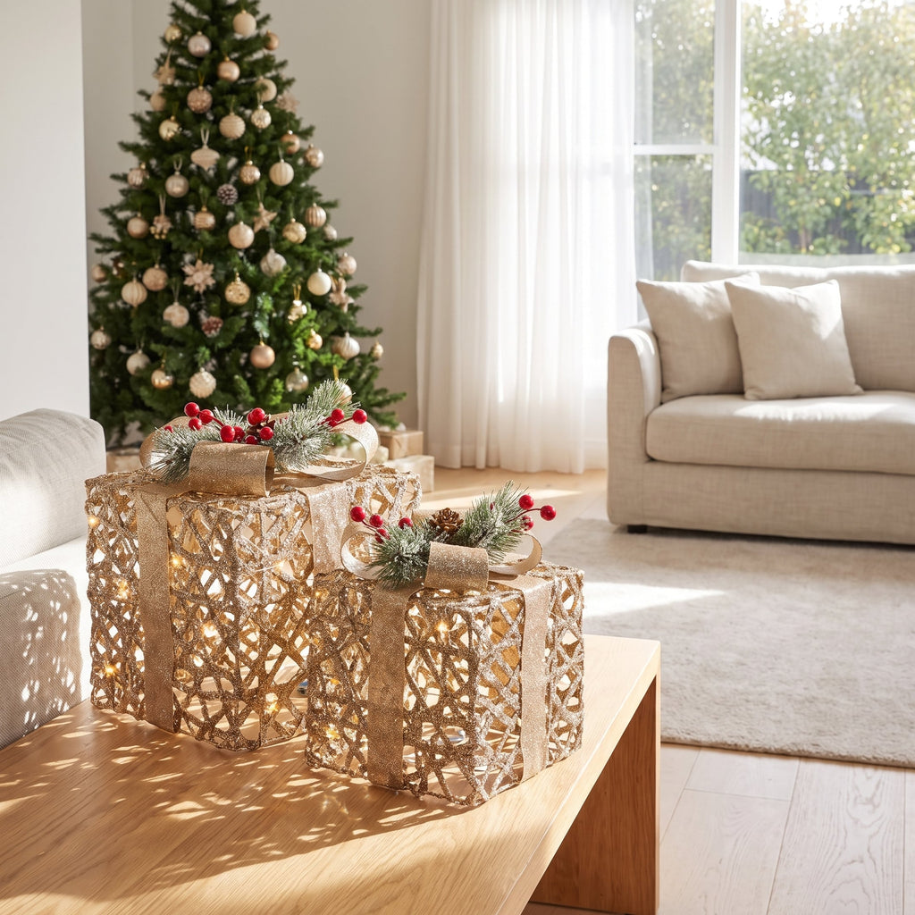 Christabelle 2 Pale Champagne Christmas Gift Boxes Light Up Display 35cm 28cm Indoor Xmas Festive Decoration
