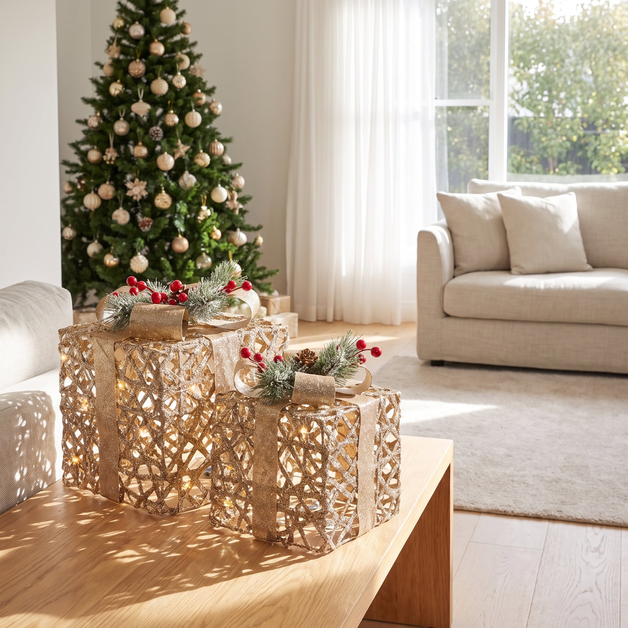 Christabelle 2 Pale Champagne Christmas Gift Boxes Light Up Display 35cm 28cm Indoor Xmas Festive Decoration
