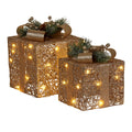 Set of 2 Light Up Christmas Gift Boxes Champagne Gold Battery Operated Warm White LED Present Decorations 35cm 28cm