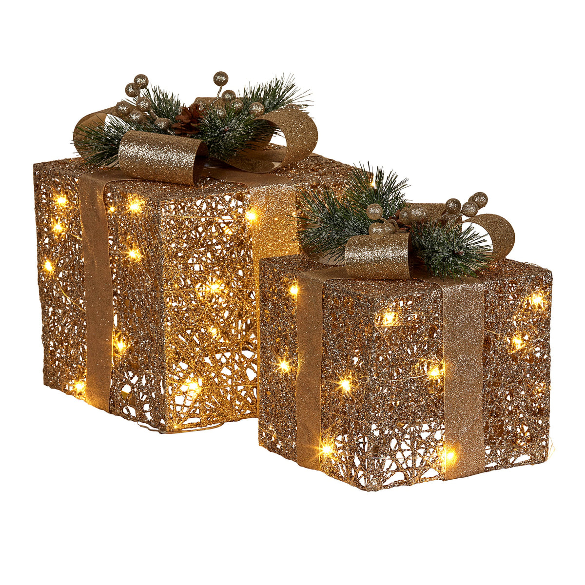 Set of 2 Light Up Christmas Gift Boxes Champagne Gold Battery Operated Warm White LED Present Decorations 35cm 28cm