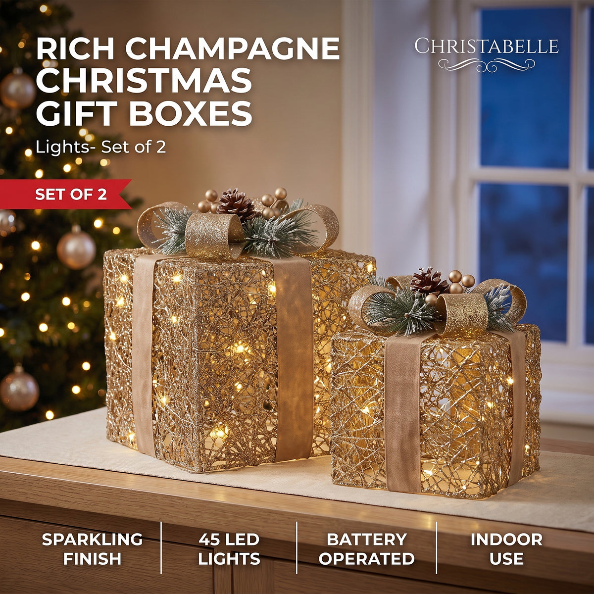 Set of 2 Light Up Christmas Gift Boxes Champagne Gold Battery Operated Warm White LED Present Decorations 35cm 28cm