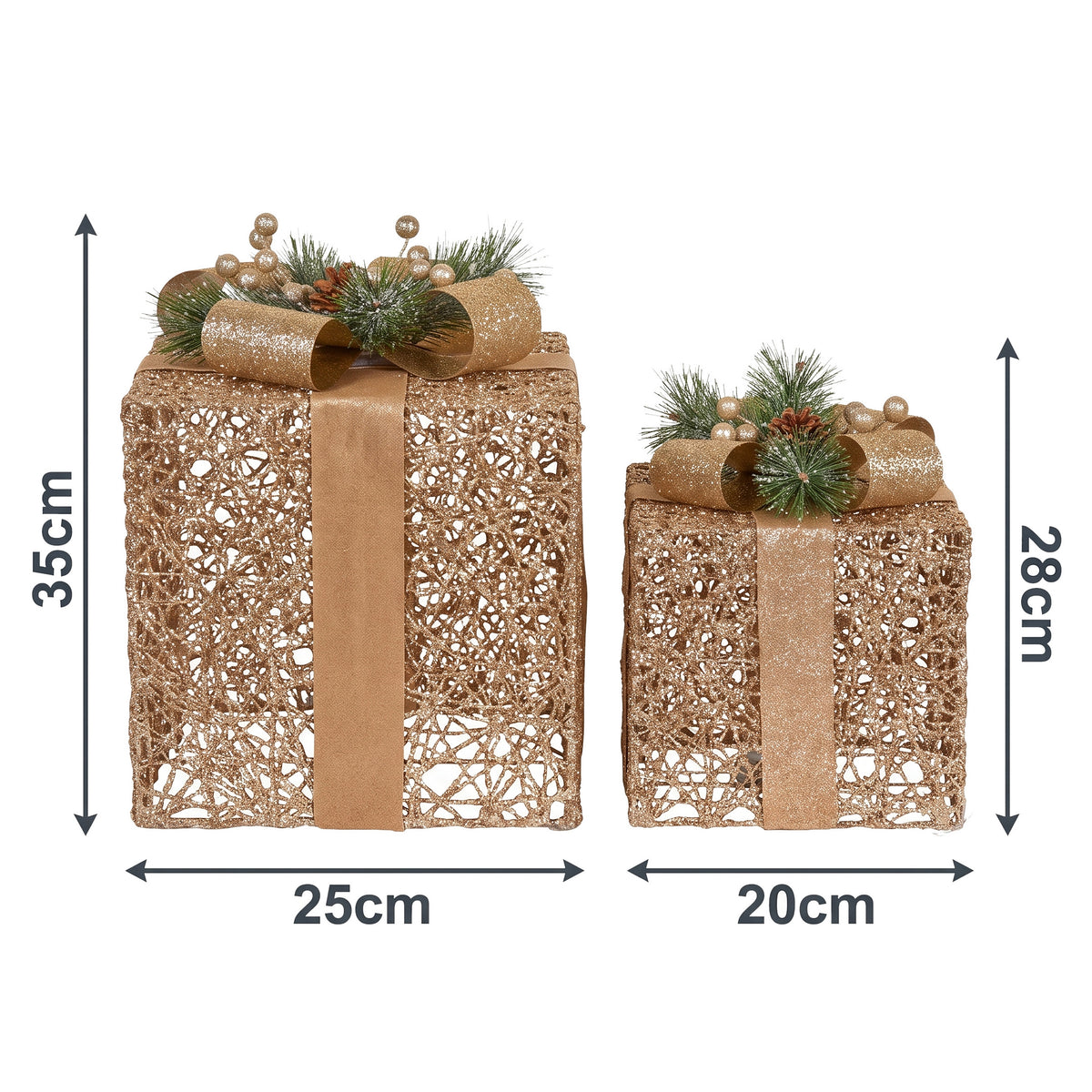 Set of 2 Light Up Christmas Gift Boxes Champagne Gold Battery Operated Warm White LED Present Decorations 35cm 28cm