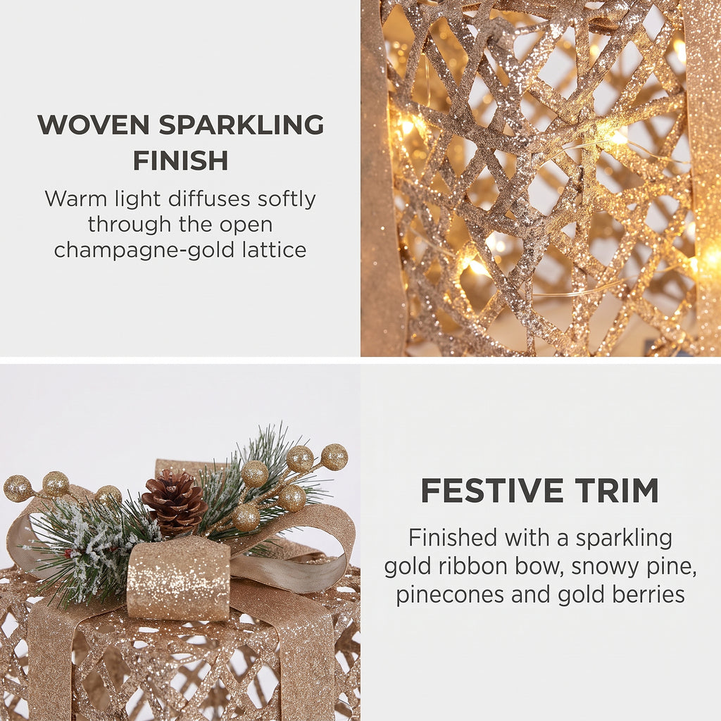 Set of 2 Light Up Christmas Gift Boxes Champagne Gold Battery Operated Warm White LED Present Decorations 35cm 28cm