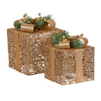 Set of 2 Light Up Christmas Gift Boxes Champagne Gold Battery Operated Warm White LED Present Decorations 35cm 28cm