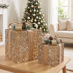 Set of 2 Light Up Christmas Gift Boxes Champagne Gold Battery Operated Warm White LED Present Decorations 35cm 28cm