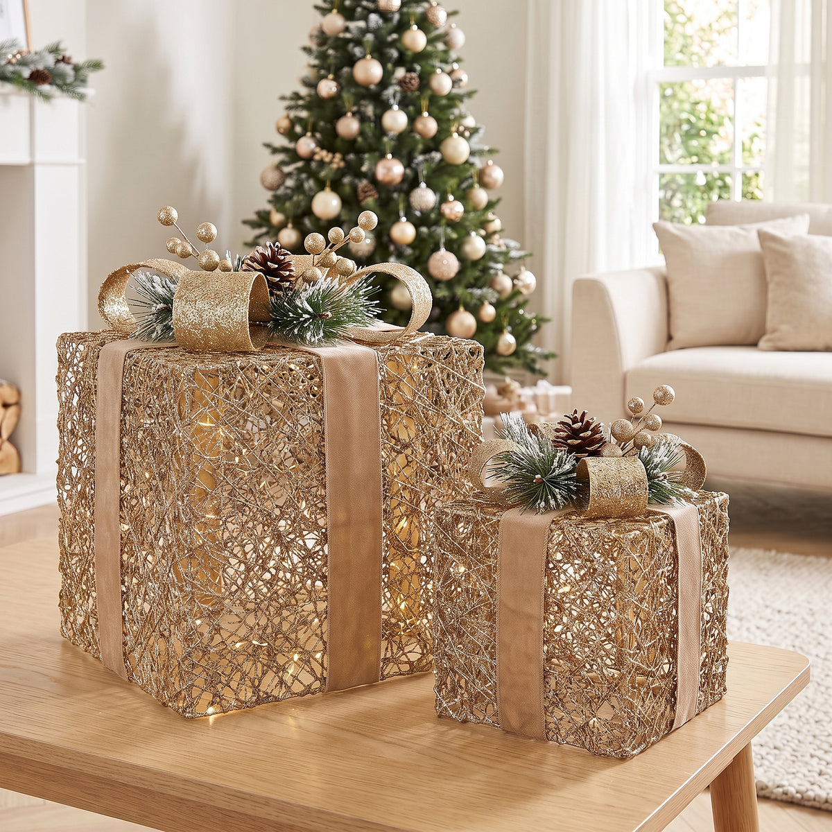 Set of 2 Light Up Christmas Gift Boxes Champagne Gold Battery Operated Warm White LED Present Decorations 35cm 28cm