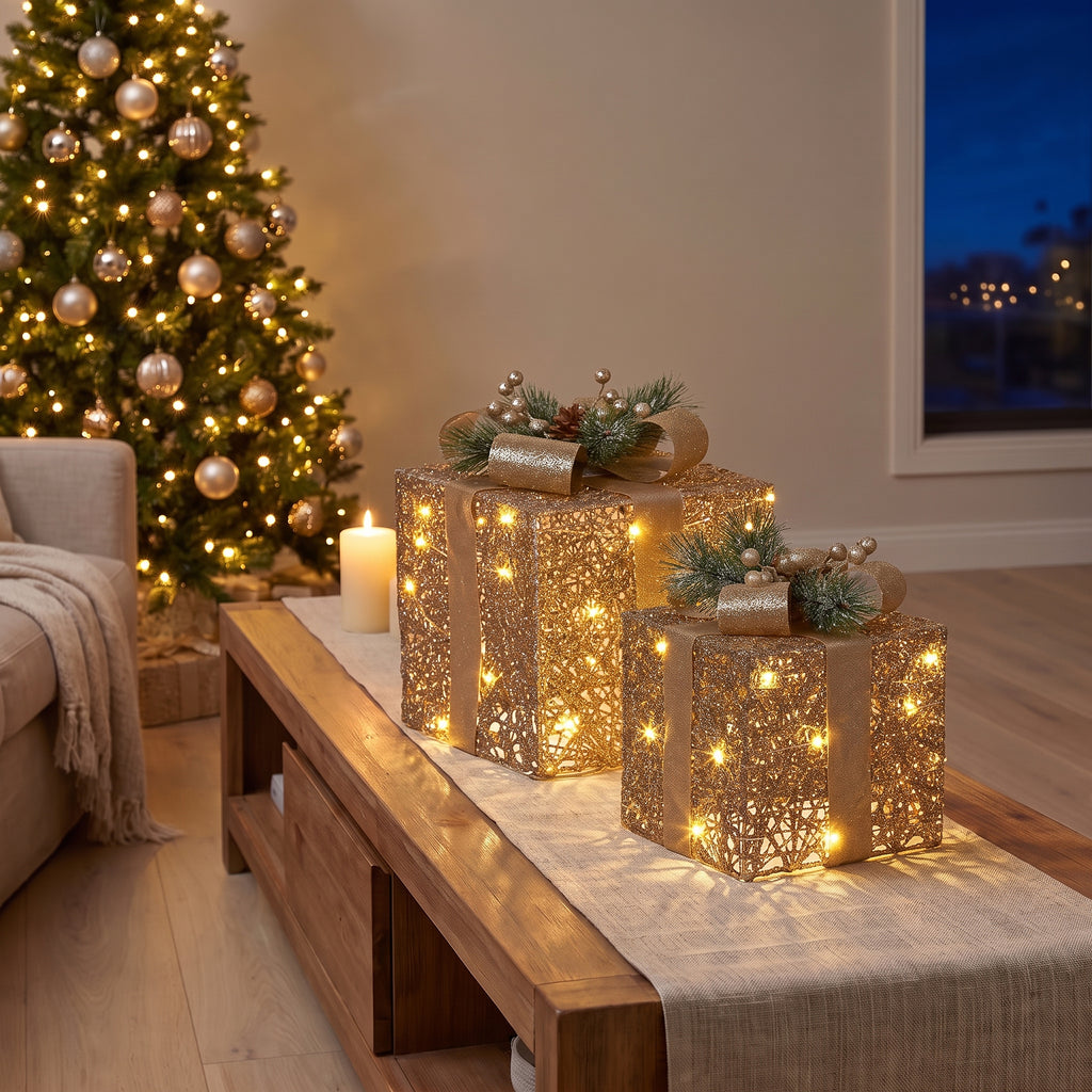 Set of 2 Light Up Christmas Gift Boxes Champagne Gold Battery Operated Warm White LED Present Decorations 35cm 28cm