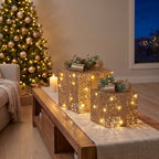 Set of 2 Light Up Christmas Gift Boxes Champagne Gold Battery Operated Warm White LED Present Decorations 35cm 28cm