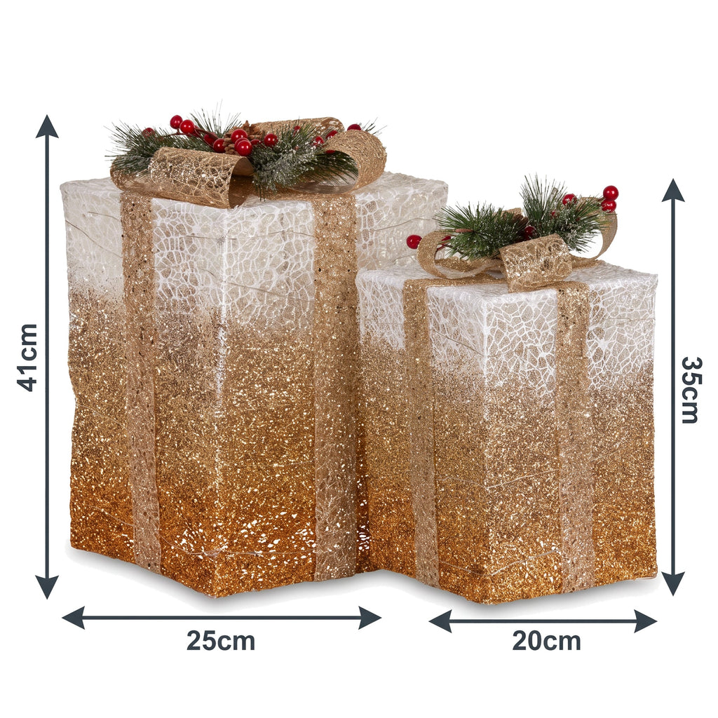 Christabelle 2 Gold White Christmas Gift Boxes Light Up Display 41cm 35cm Indoor Xmas Festive Decoration
