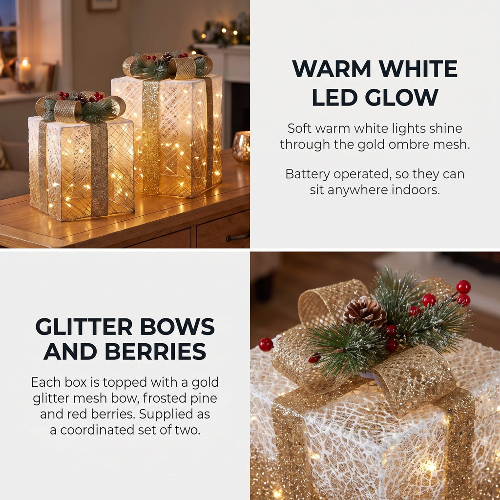 Christabelle 2 Gold White Christmas Gift Boxes Light Up Display 41cm 35cm Indoor Xmas Festive Decoration