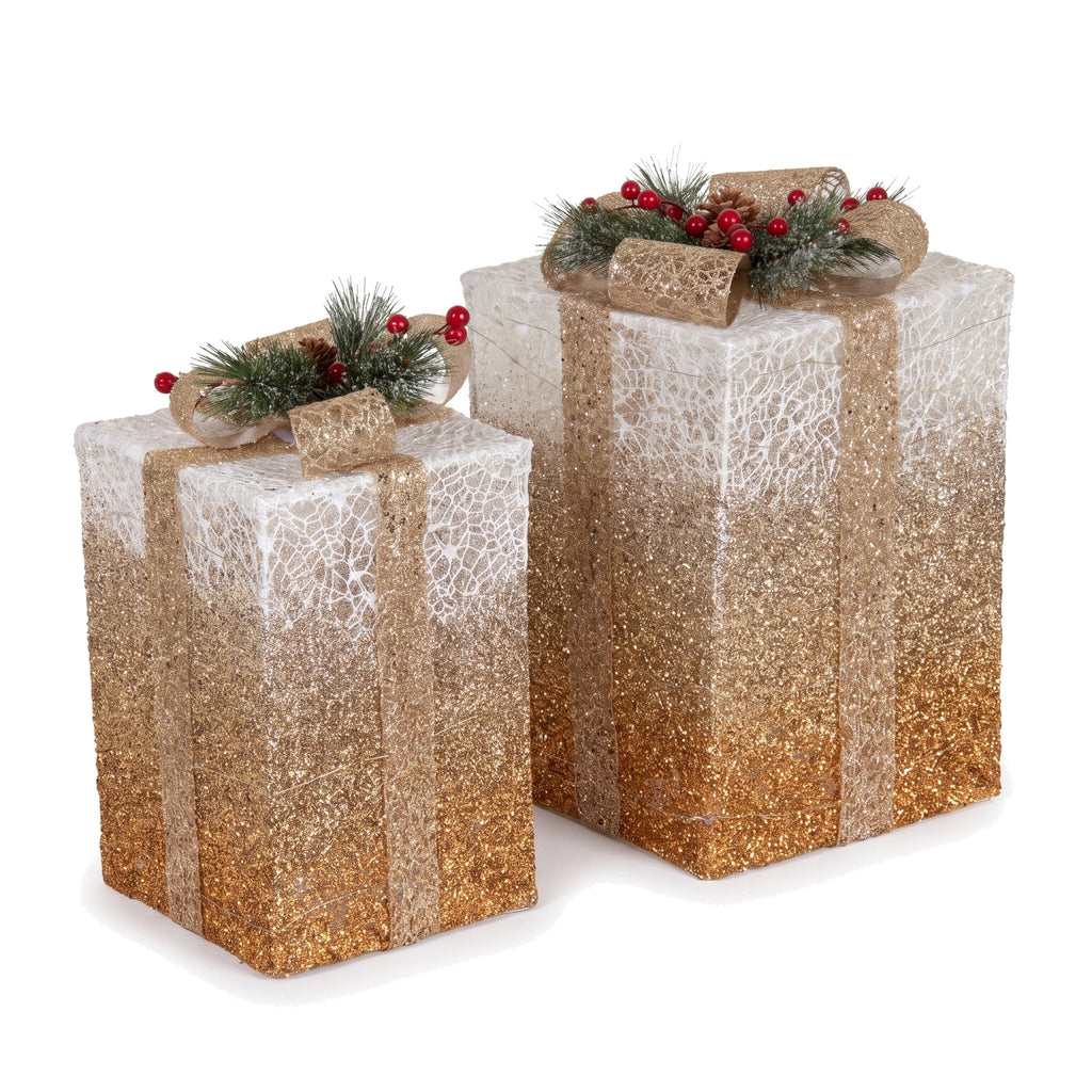 Christabelle 2 Gold White Christmas Gift Boxes Light Up Display 41cm 35cm Indoor Xmas Festive Decoration