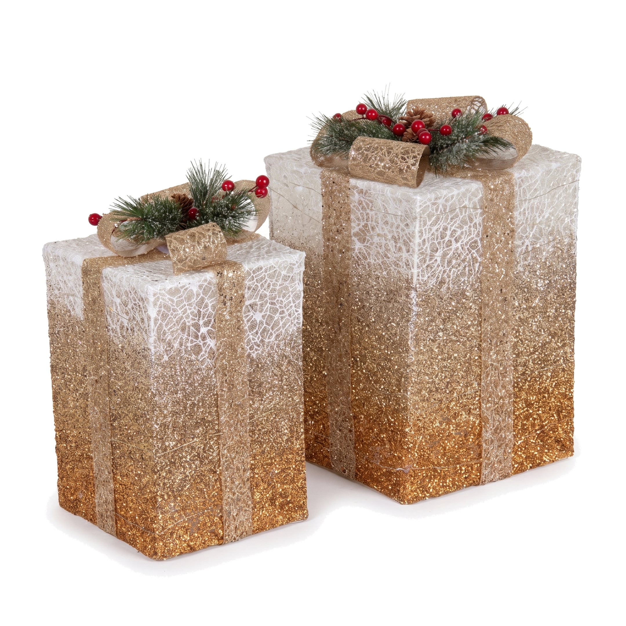 Christabelle 2 Gold White Christmas Gift Boxes Light Up Display 41cm 35cm Indoor Xmas Festive Decoration