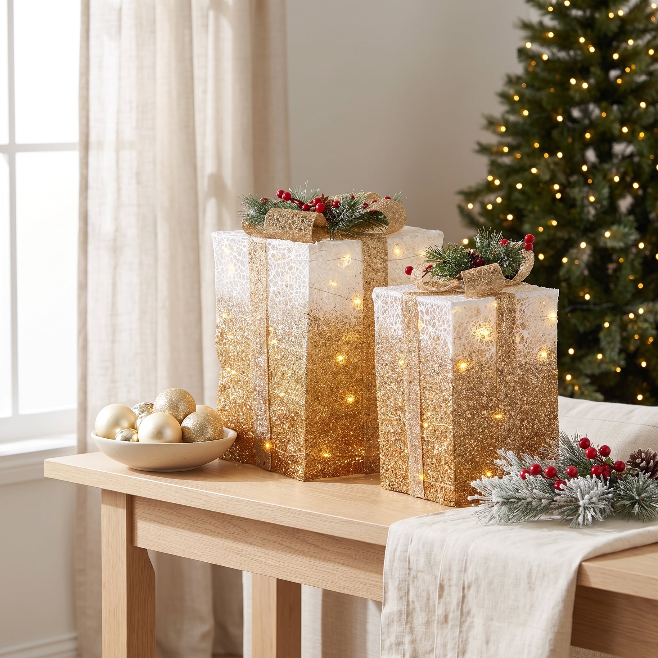 Christabelle 2 Gold White Christmas Gift Boxes Light Up Display 41cm 35cm Indoor Xmas Festive Decoration