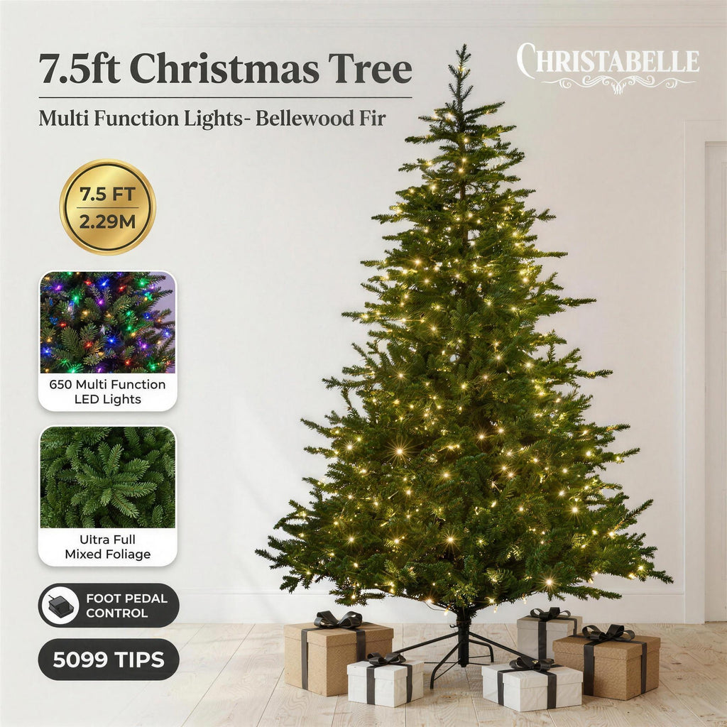 Christabelle 2.3m 7.5ft Bellewood Fir Christmas Tree Pre Lit Multi Function LED Foot Pedal Power Connect Hinged