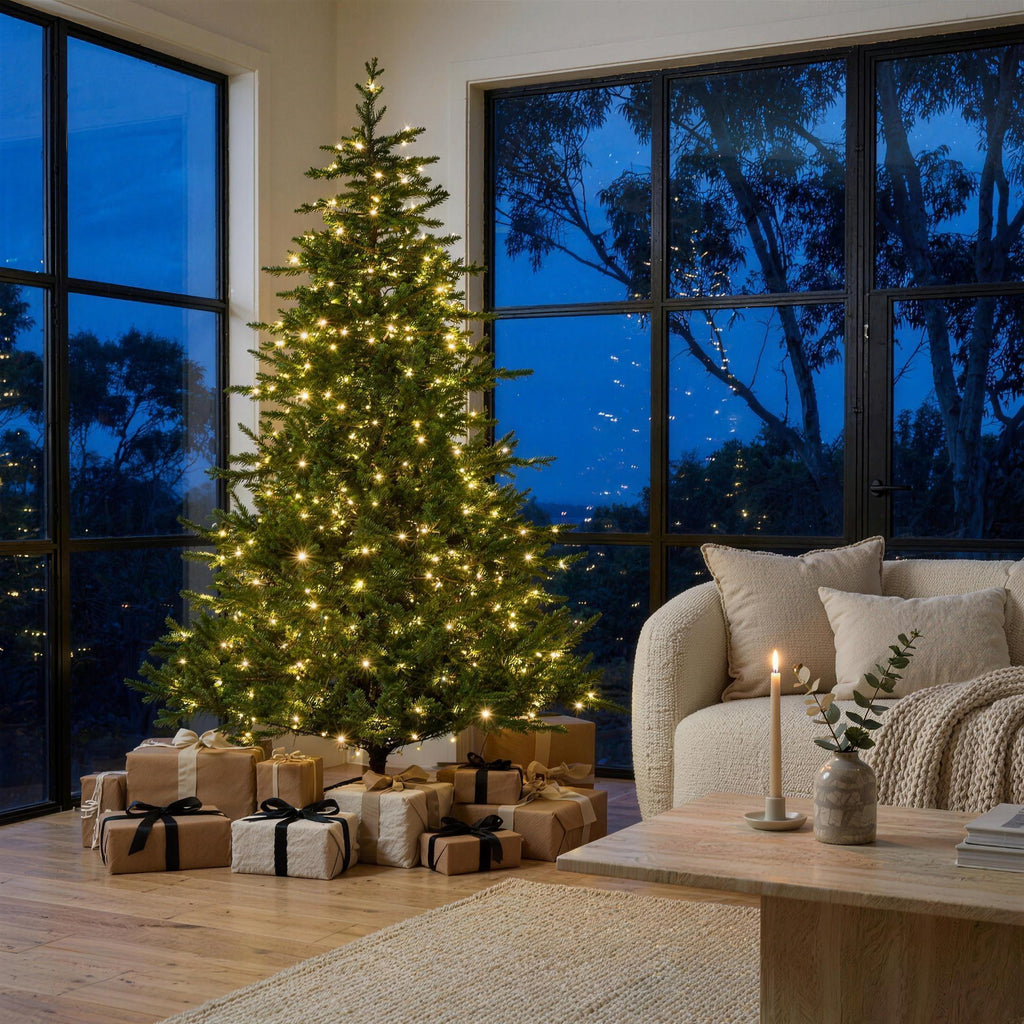 Christabelle 2.3m 7.5ft Bellewood Fir Christmas Tree Pre Lit Multi Function LED Foot Pedal Power Connect Hinged