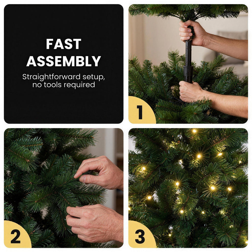 Christabelle 2.3m 7.5ft Bellewood Fir Christmas Tree Pre Lit Multi Function LED Foot Pedal Power Connect Hinged