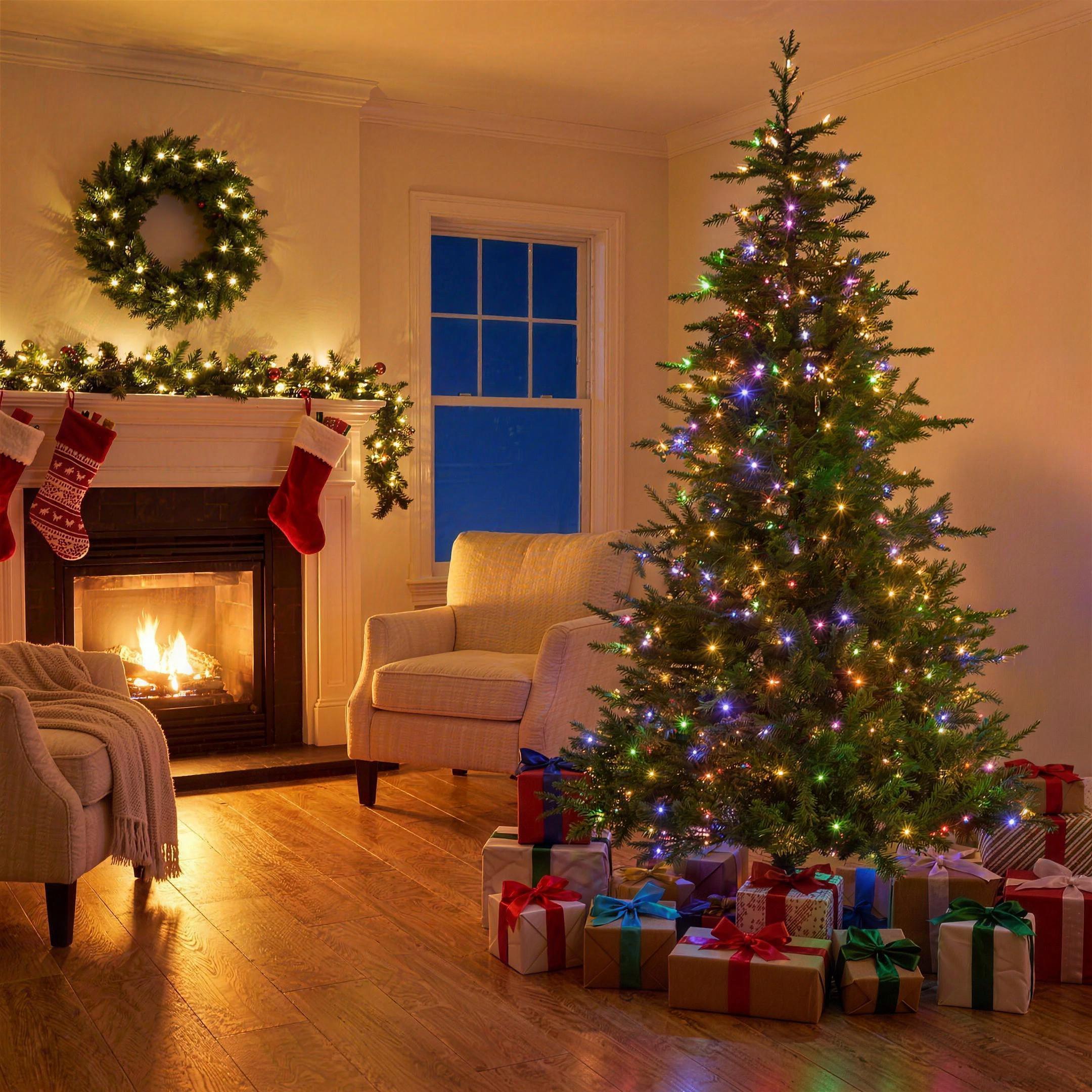 Christabelle 2.3m 7.5ft Bellewood Fir Christmas Tree Pre Lit Multi Function LED Foot Pedal Power Connect Hinged