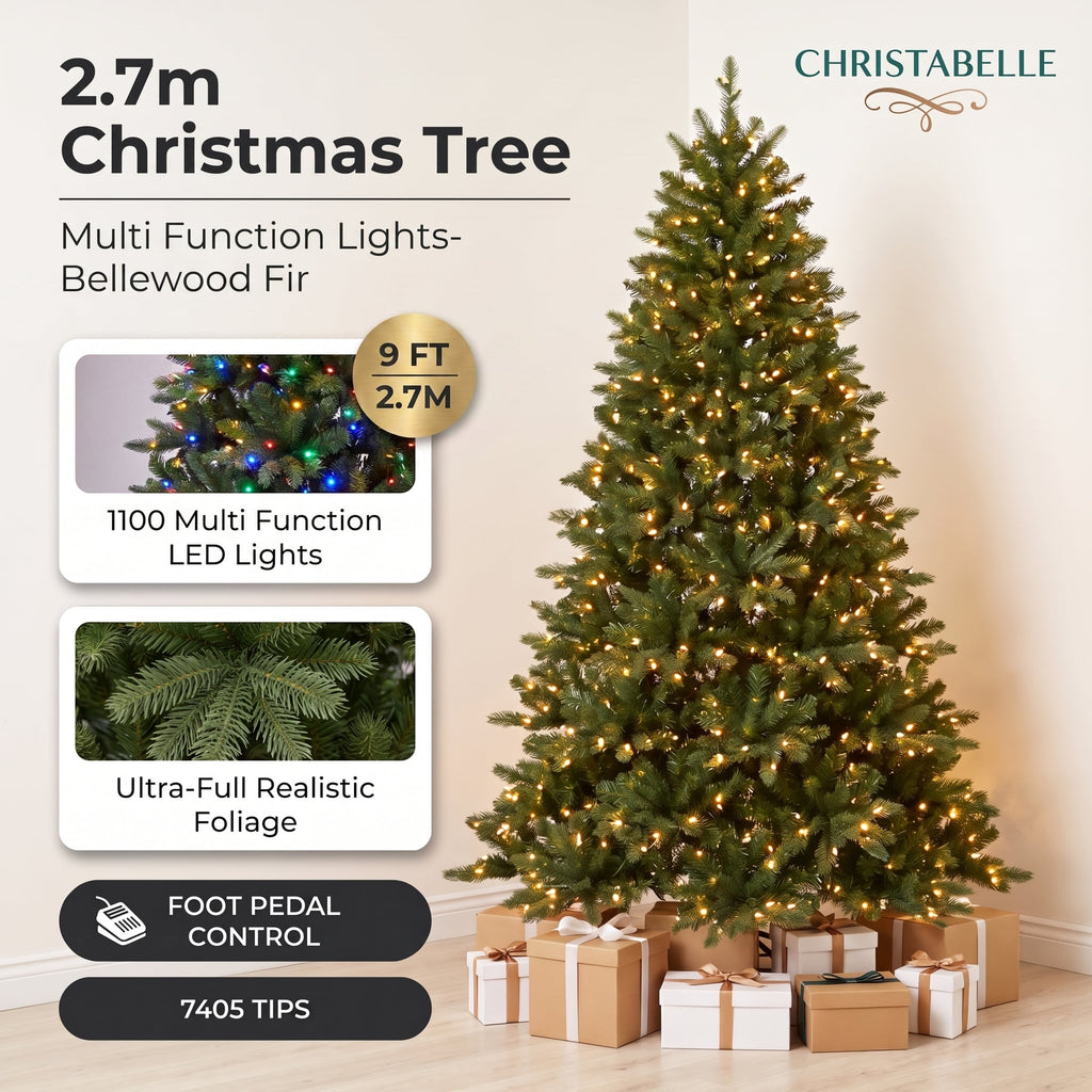 Christabelle 2.7m 9ft Bellewood Fir Christmas Tree Pre Lit Multi Function LED Foot Pedal Power Connect Hinged
