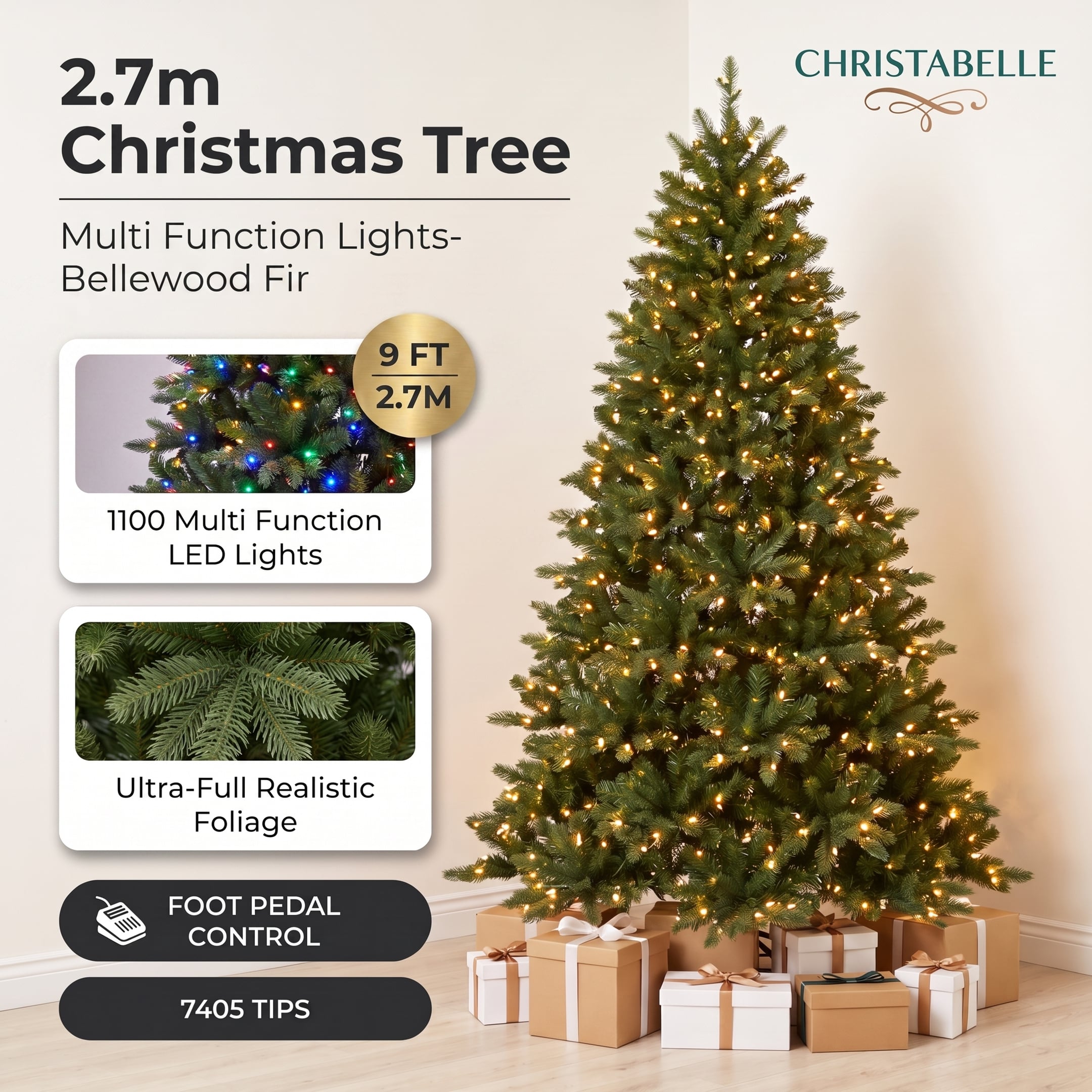 Christabelle 2.7m 9ft Bellewood Fir Christmas Tree Pre Lit Multi Function LED Foot Pedal Power Connect Hinged