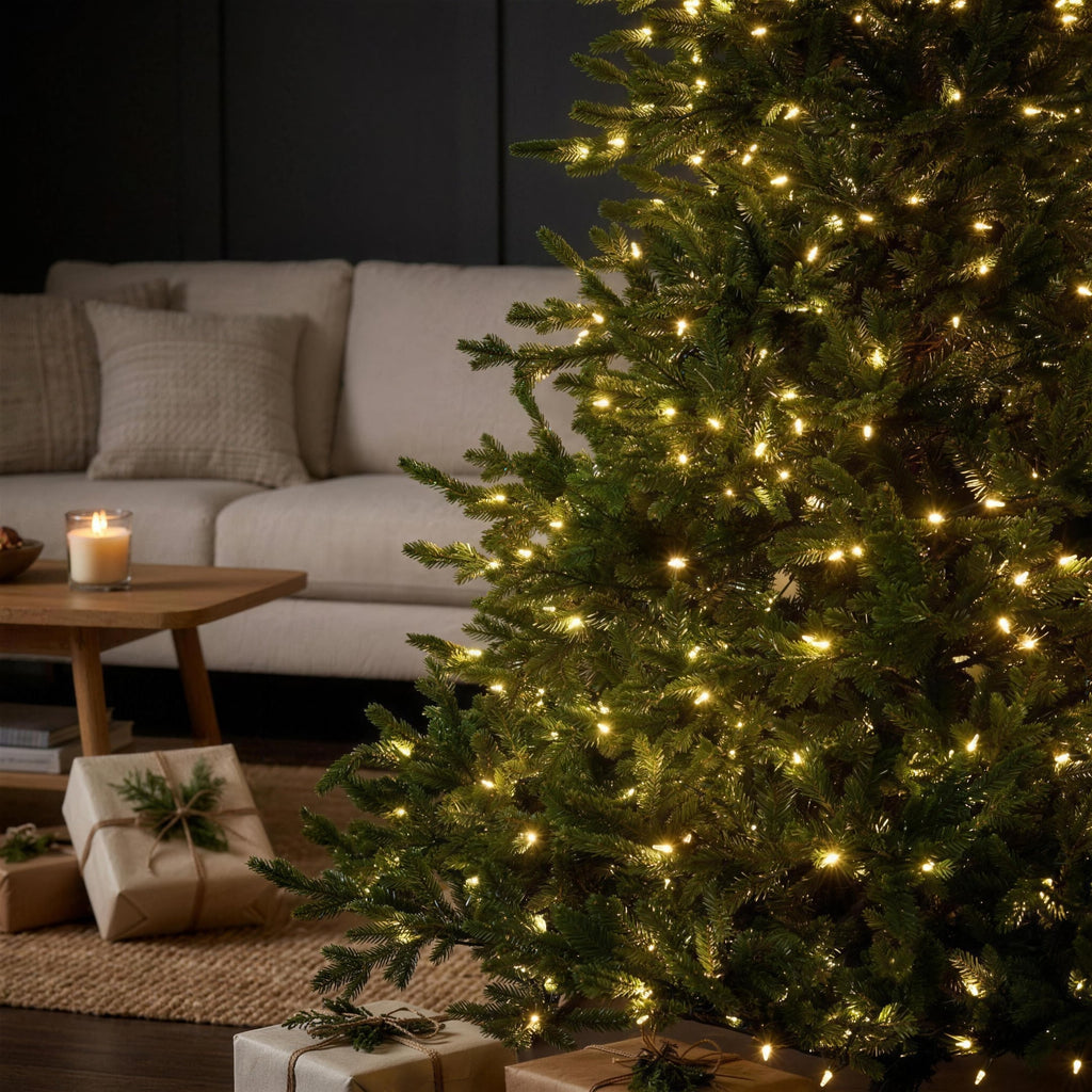 Christabelle 2.7m 9ft Bellewood Fir Christmas Tree Pre Lit Multi Function LED Foot Pedal Power Connect Hinged