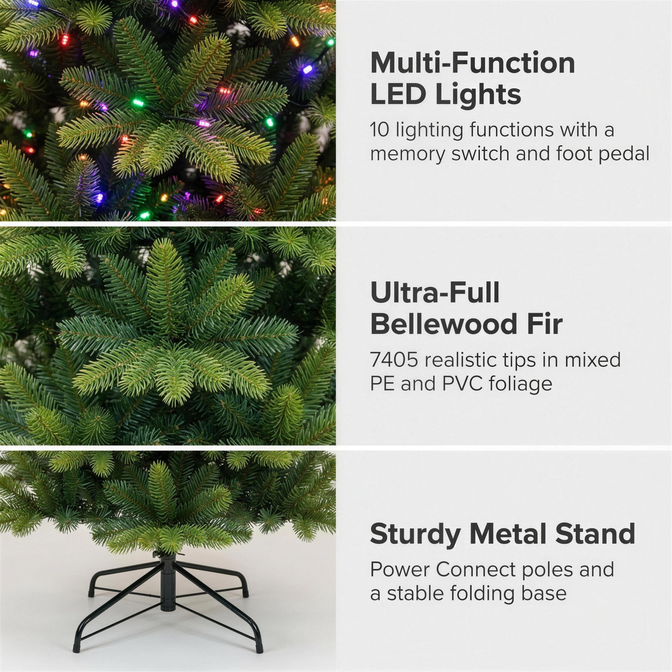 Christabelle 2.7m 9ft Bellewood Fir Christmas Tree Pre Lit Multi Function LED Foot Pedal Power Connect Hinged