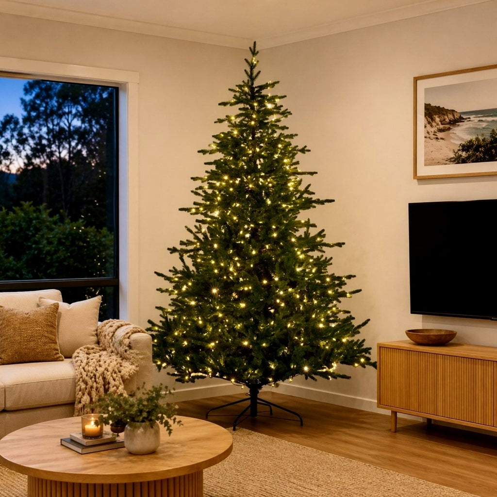 Christabelle 2.7m 9ft Bellewood Fir Christmas Tree Pre Lit Multi Function LED Foot Pedal Power Connect Hinged