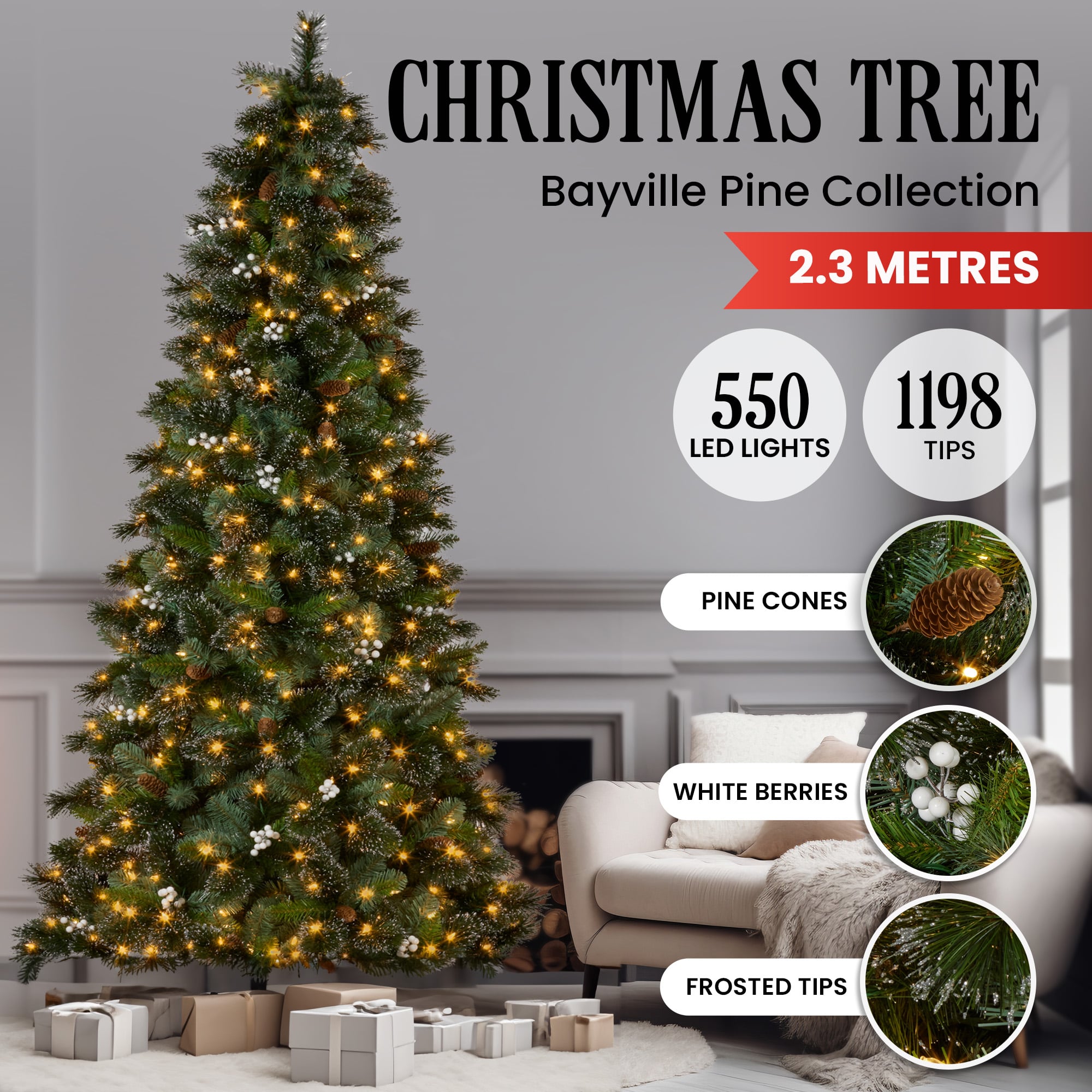 2.3M Christmas Tree with Twinkle Lights Bryson Pine