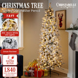 Christabelle Snowy Dorchester Pencil 7.5ft Christmas Tree Pine Cones Twinkling MultiFunctional White LED Lights
