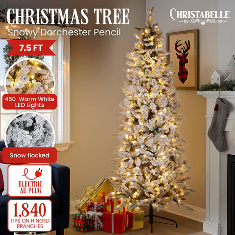 Christabelle Snowy Dorchester Pencil 7.5ft Christmas Tree Pine Cones Twinkling MultiFunctional White LED Lights