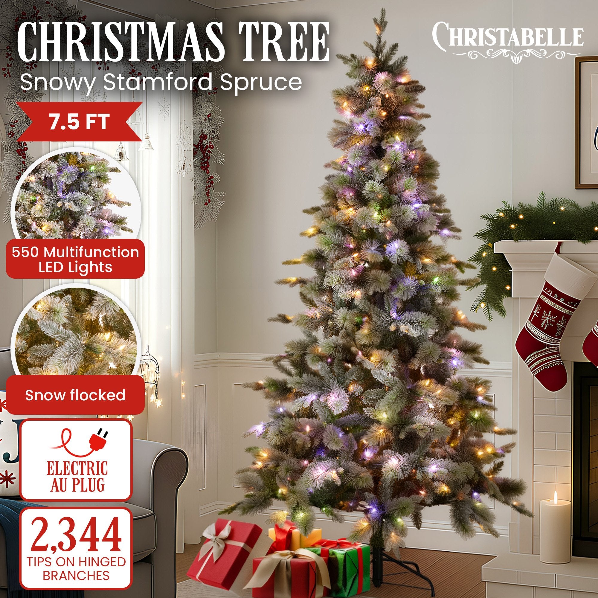 Christabelle Snowy Stamford Spruce 7.5ft Christmas Tree Multi Functional White Coloured LED Lights & Foot Pedal