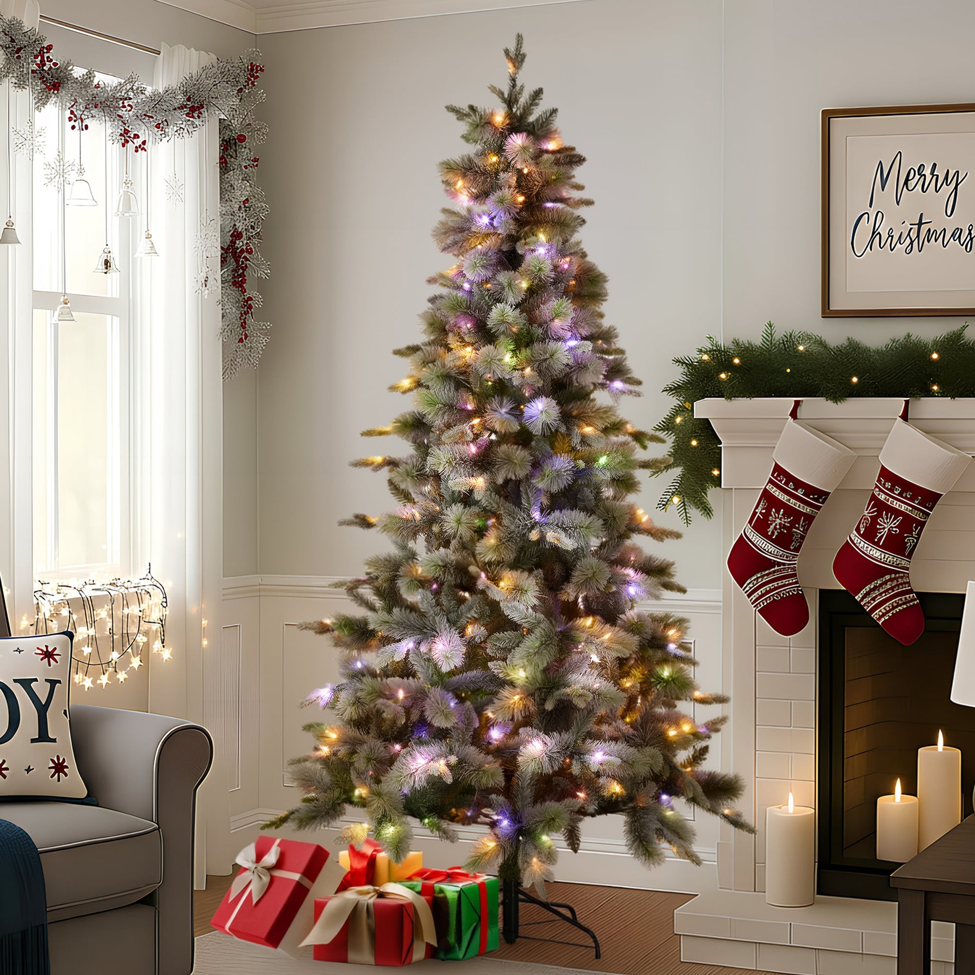 Christabelle Snowy Stamford Spruce 7.5ft Christmas Tree Multi Functional White Coloured LED Lights & Foot Pedal