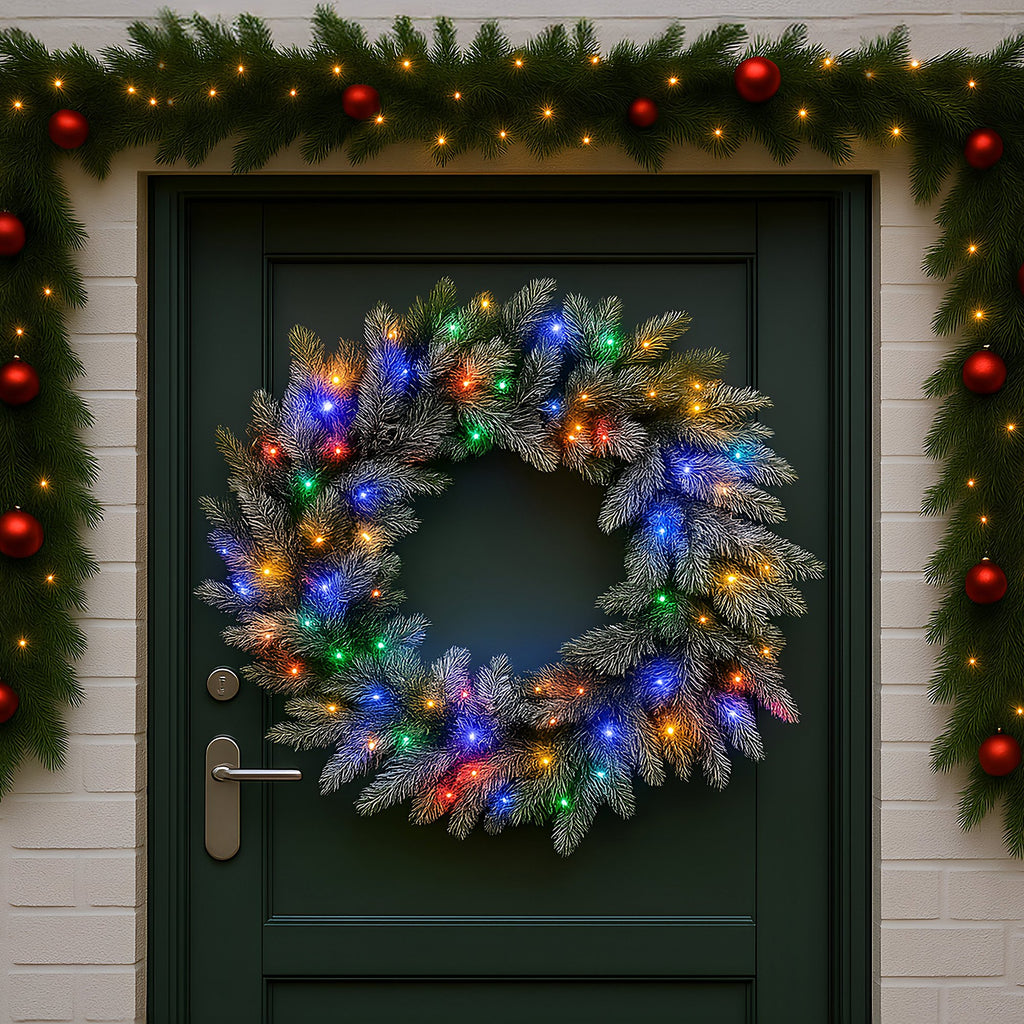 Christabelle 76cm Christmas Wreath Snowy Stamford Spruce with LED Lights Front Door Decoration Ornament