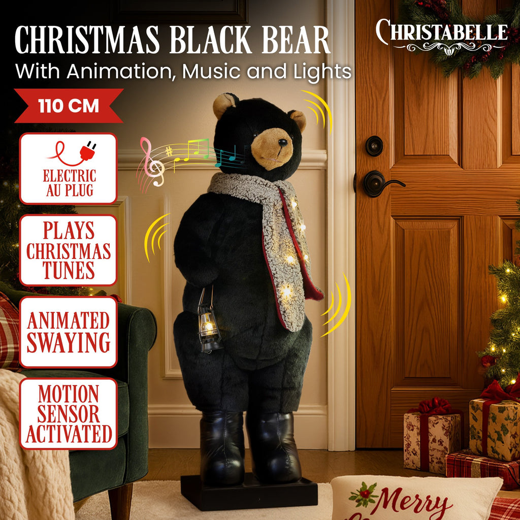 Christabelle Large 1.1m Musical Animated LED Black Christmas Bear Decoration Ornament