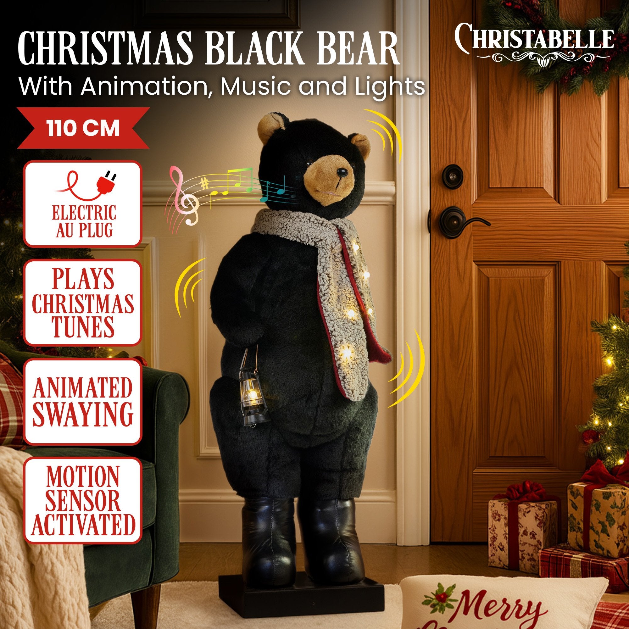 Christabelle Large 1.1m Musical Animated LED Black Christmas Bear Decoration Ornament