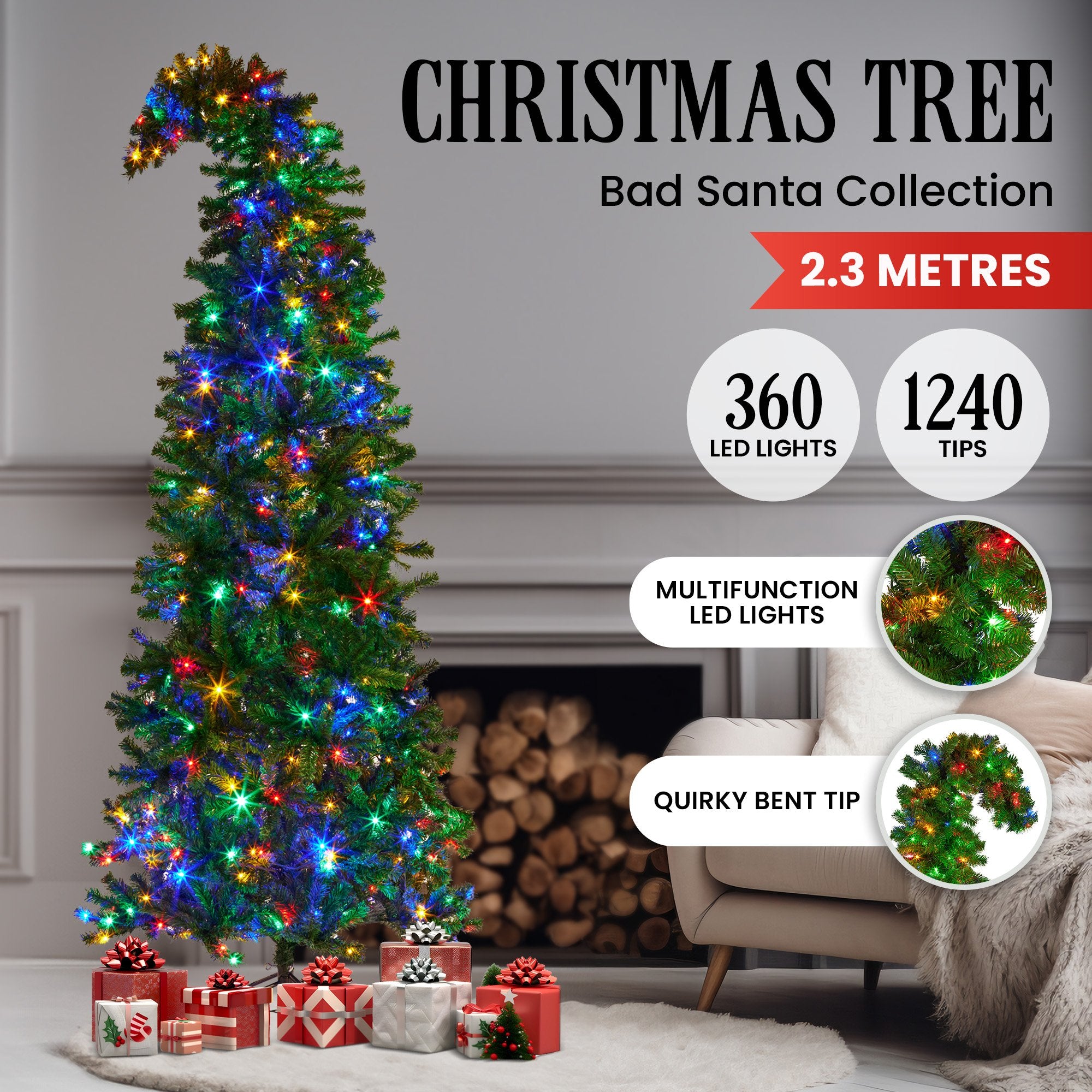 2.3m Bad Santa Curved Multicolour Pre-Lit Christmas Tree