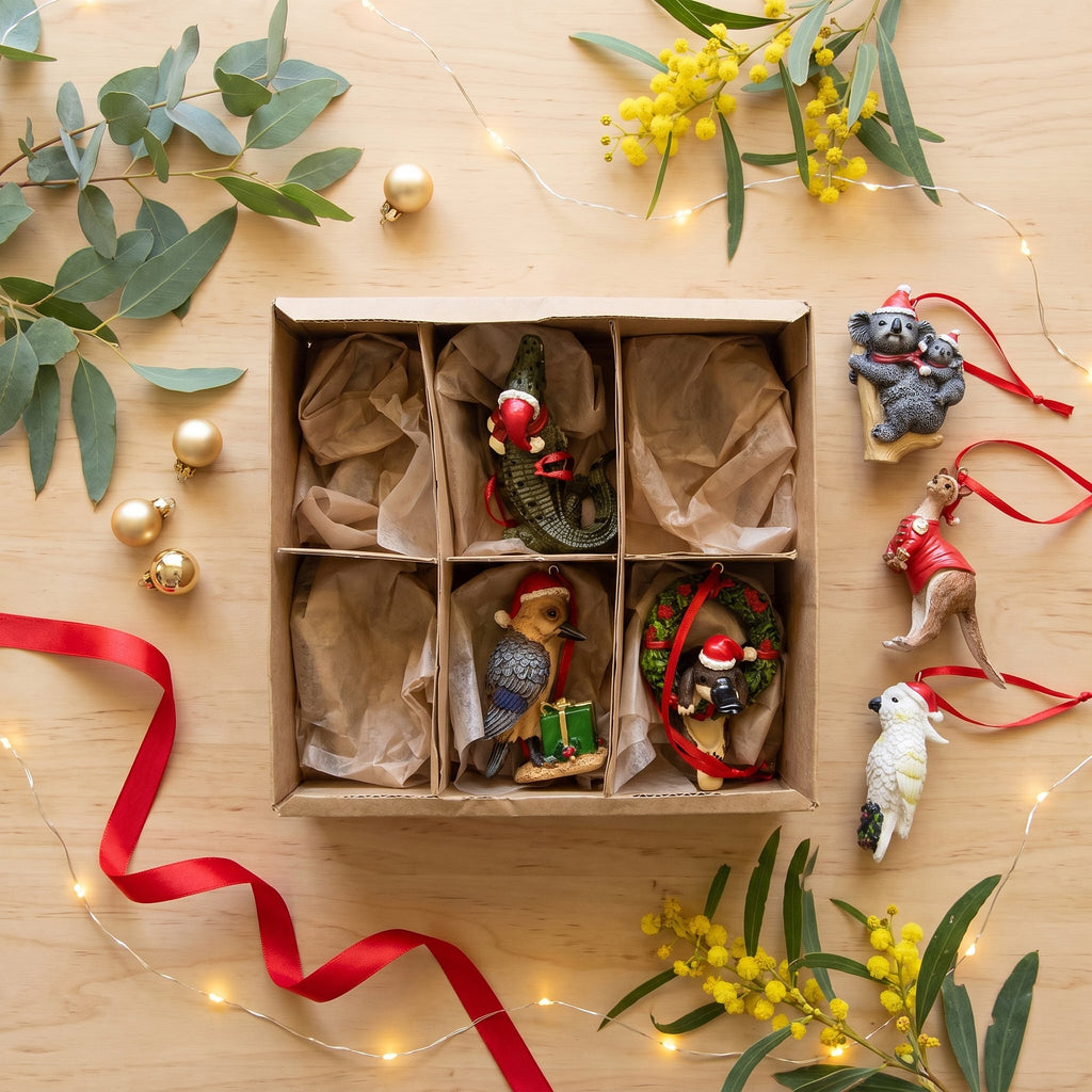 Christabelle Australian Animal Christmas Tree Decorations Set of 6 Hand-Painted Resin Ornaments Gift Box