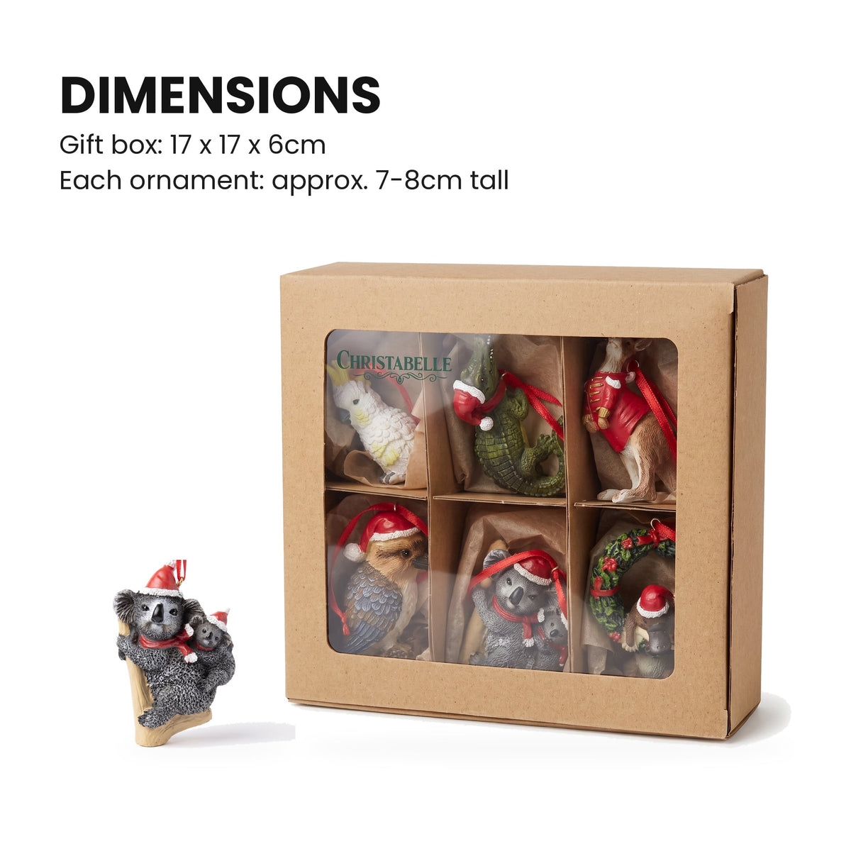 Christabelle Australian Animal Christmas Tree Decorations Set of 6 Hand-Painted Resin Ornaments Gift Box