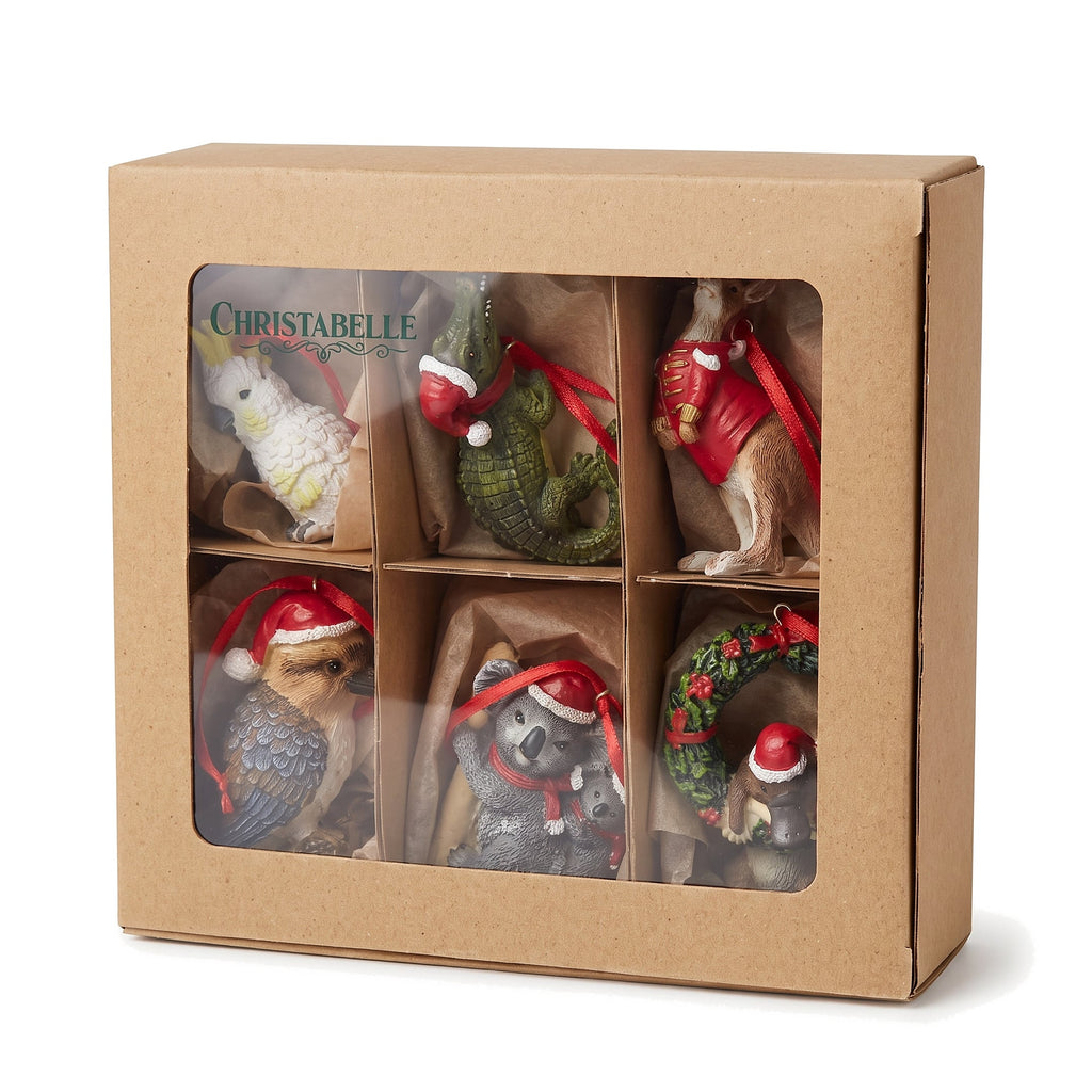 Christabelle Australian Animal Christmas Tree Decorations Set of 6 Hand-Painted Resin Ornaments Gift Box