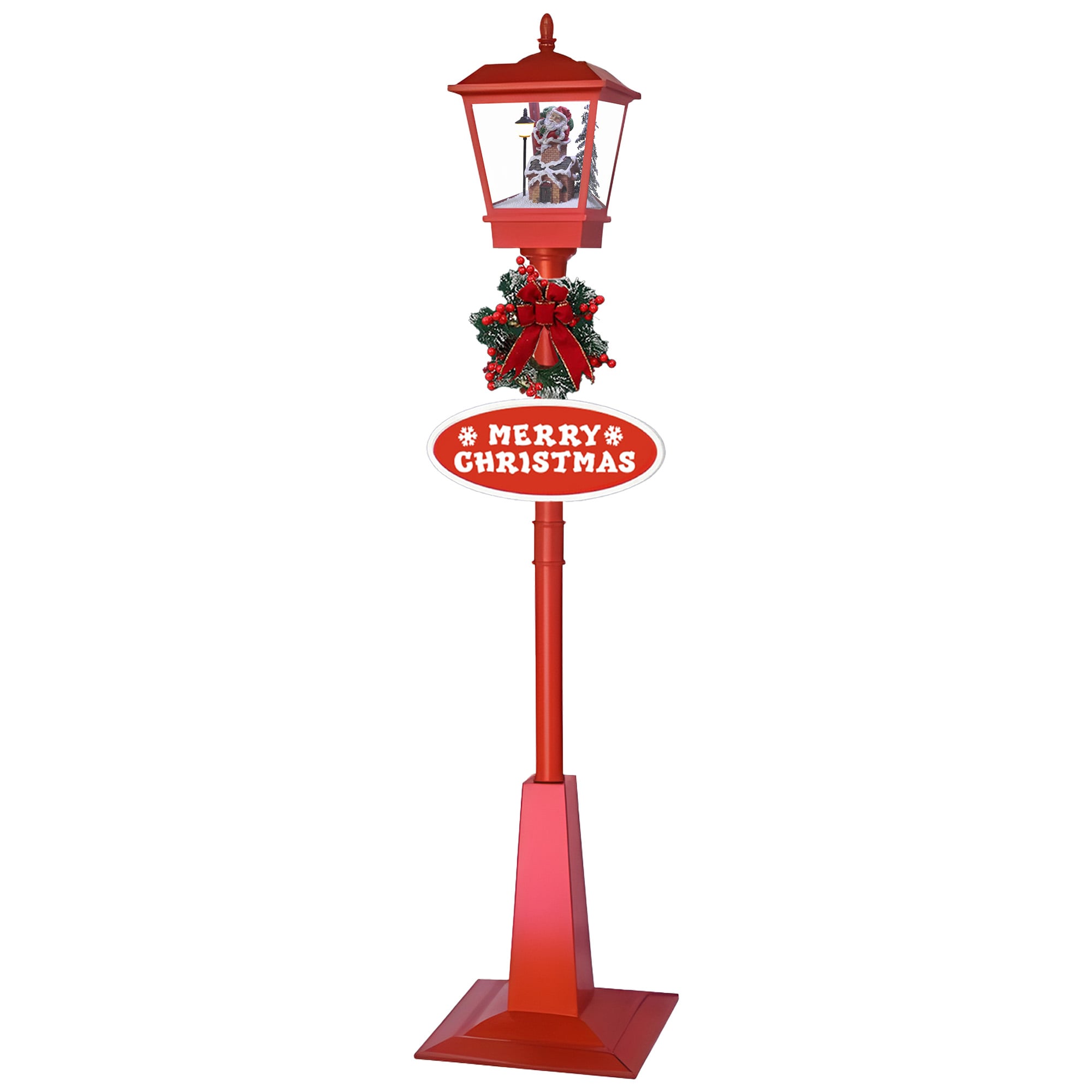 Christmas Lamp Post with Snow, Lights & Music- Red with Santa 180cm