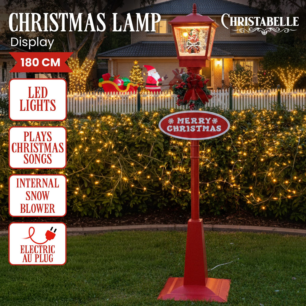 Christmas Lamp Post with Snow, Lights & Music- Red with Santa 180cm