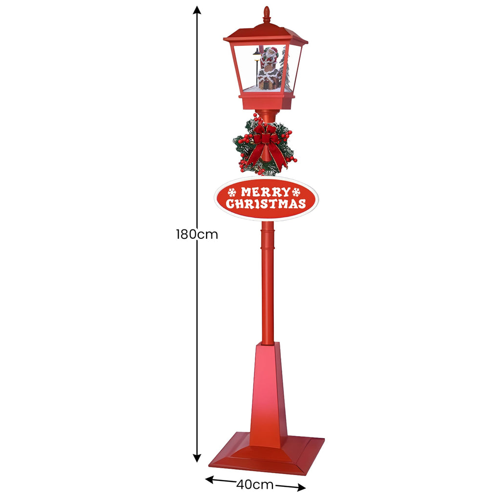Christmas Lamp Post with Snow, Lights & Music- Red with Santa 180cm