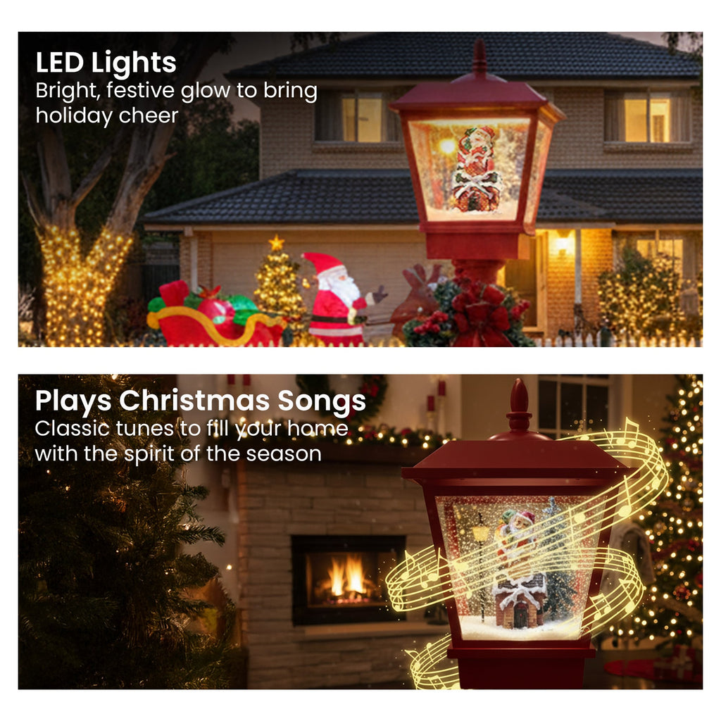 Christmas Lamp Post with Snow, Lights & Music- Red with Santa 180cm