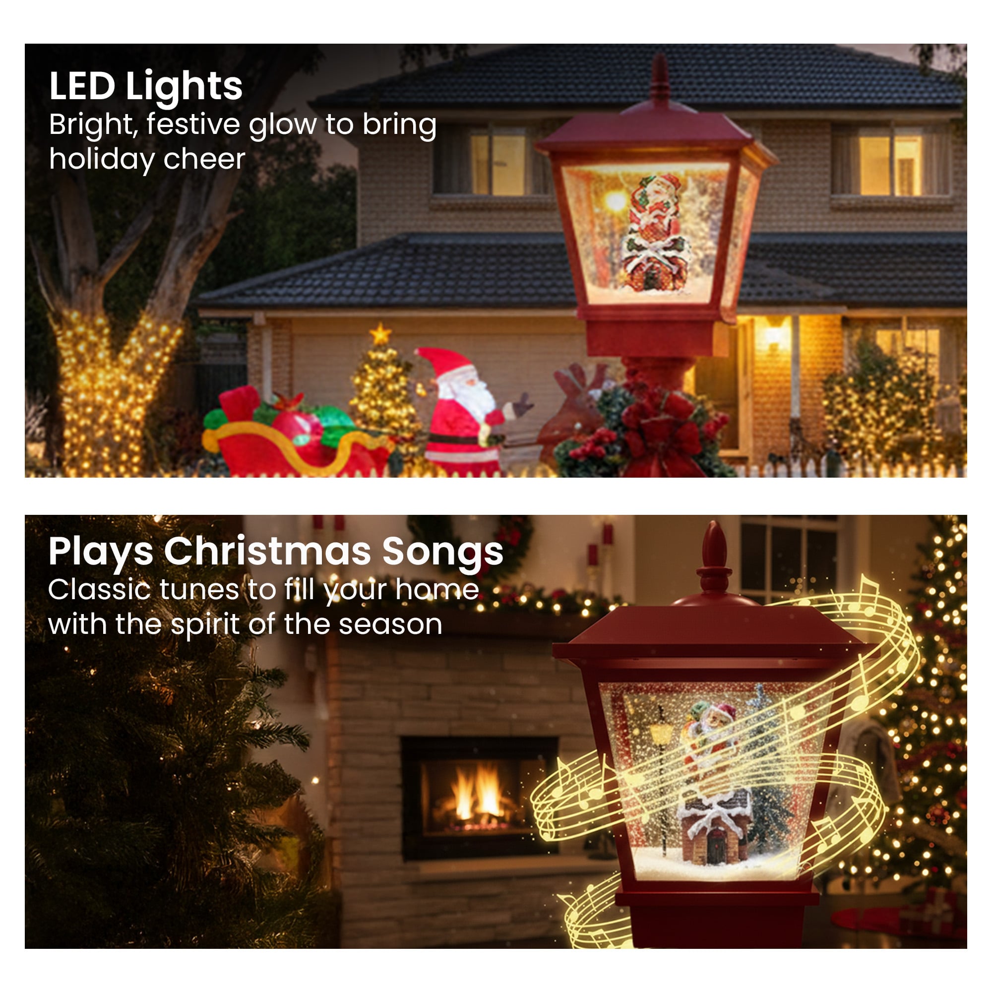 Christmas Lamp Post with Snow, Lights & Music- Red with Santa 180cm