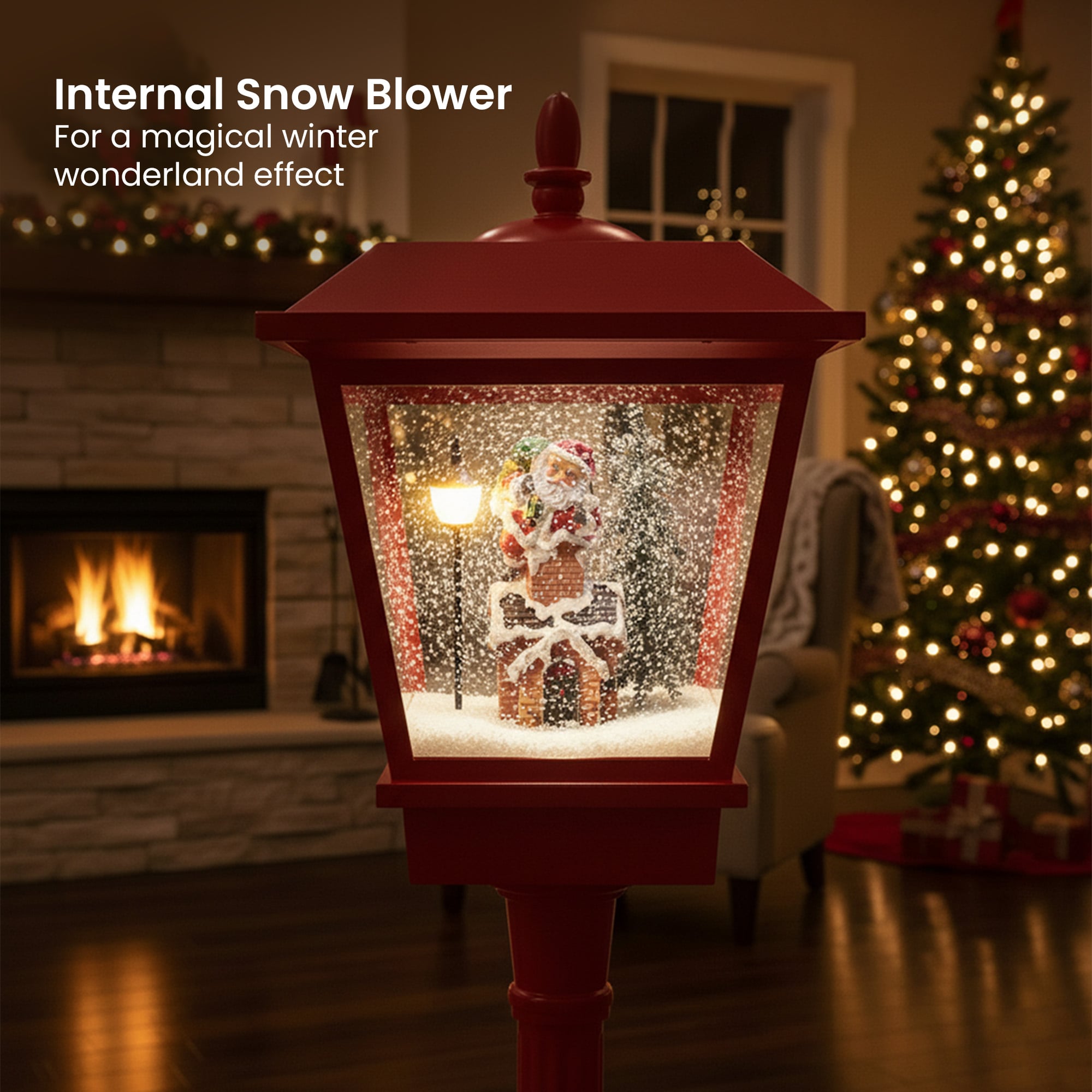 Christmas Lamp Post with Snow, Lights & Music- Red with Santa 180cm